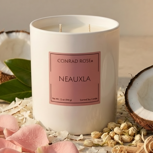 A white candle jar labeled 'CONRAD ROSE NEAUXLA' styled with pink rose petals, dried coconut halves, green leaves, and rolled paper on a beige surface.