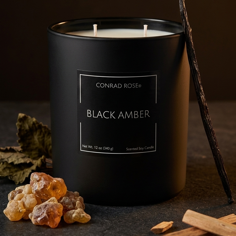 A black matte candle jar labeled 'CONRAD ROSE+ BLACK AMBER' on a dark surface, with cinnamon sticks, amber pieces, and a vanilla bean around it.