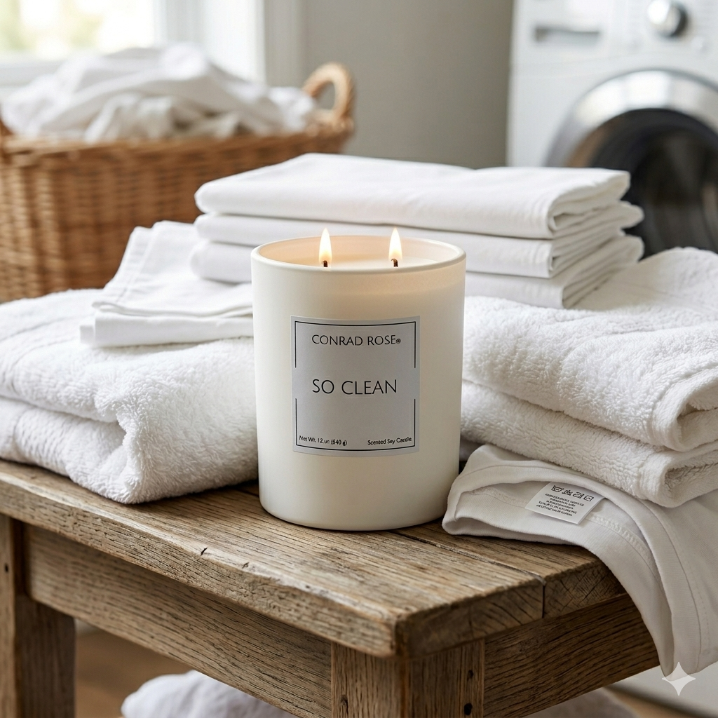 Candle labeled 'So Clean' by Conrad Rose on a wooden surface with folded white towels and a laundry basket in the background. This scent is a fresh linen scent.