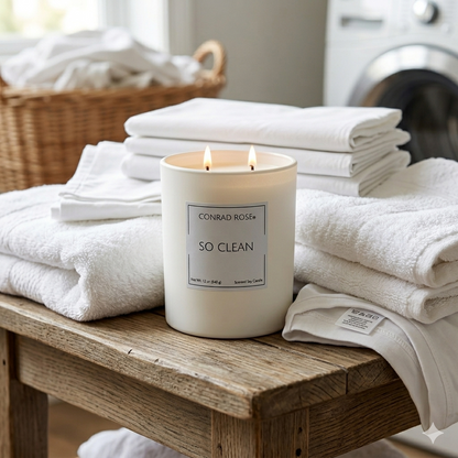 Candle labeled 'So Clean' by Conrad Rose on a wooden surface with folded white towels and a laundry basket in the background. This scent is a fresh linen scent.